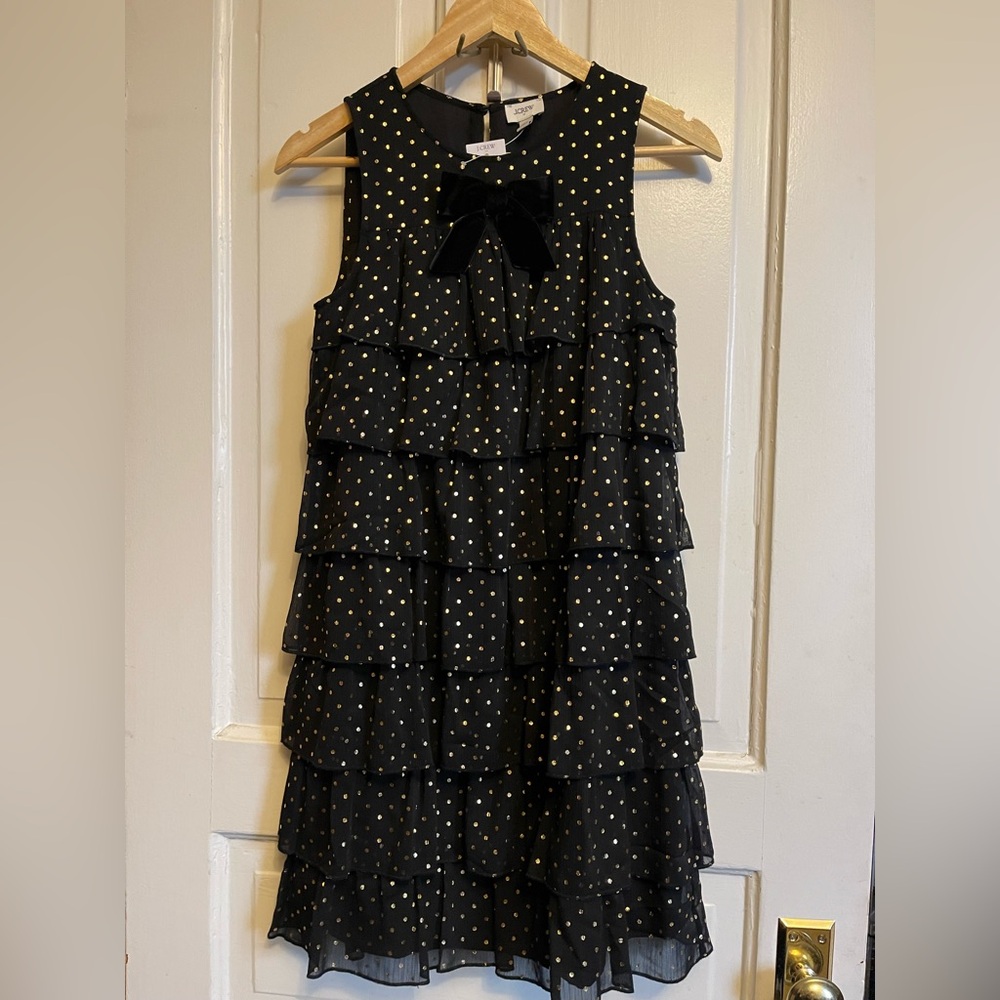 🖤 NWT J.Crew Black Ruffle Dress with Gold Dots and Bow
